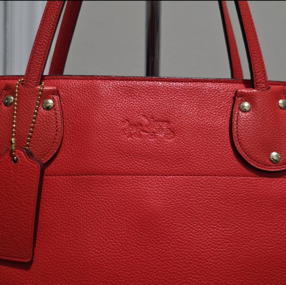 Coach Coral-Red Leather Tote with Whipstitch Accents - Picture 3 of 16